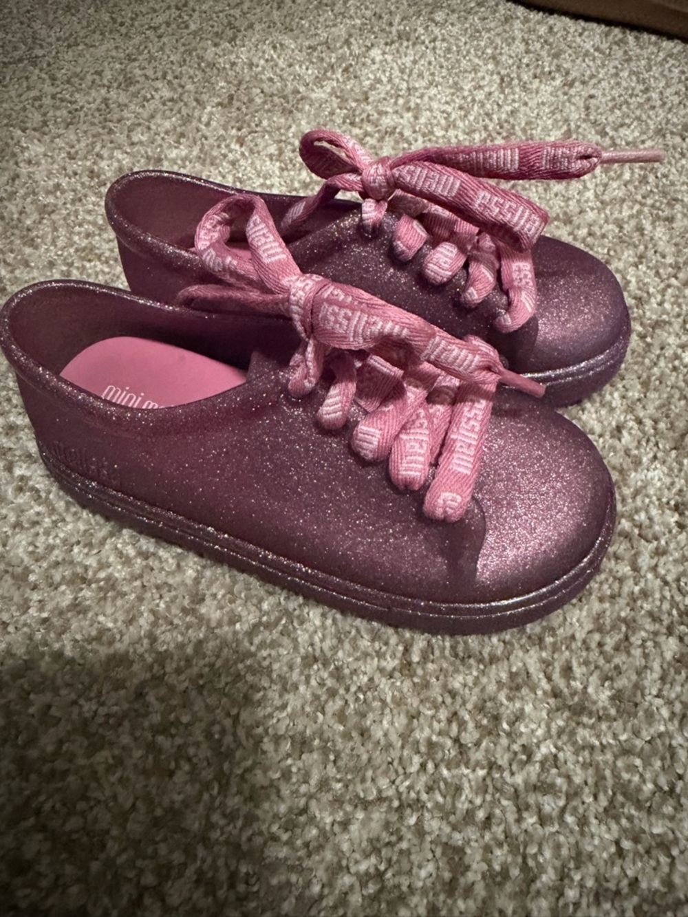 Mini Melissa Glitter Pink Kids Sneakers with Logo Ribbon Laces